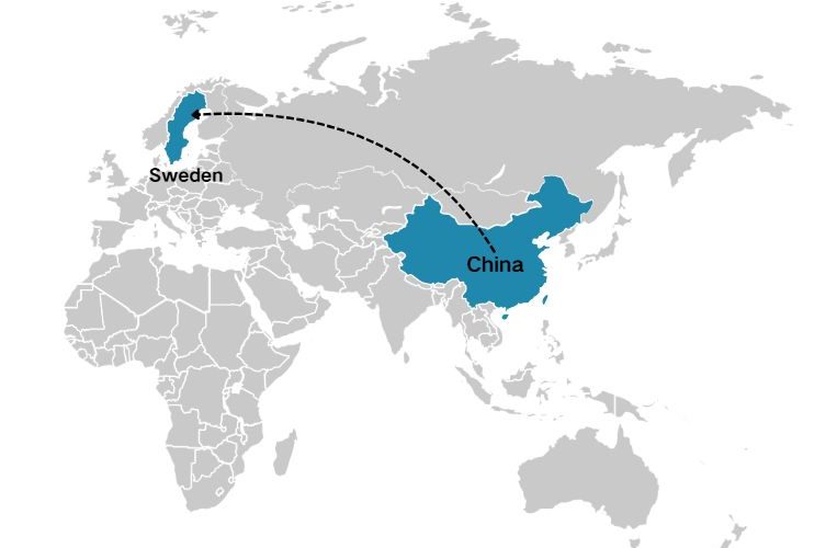 Karta som visar fraktrutt från Kina till Sverige.